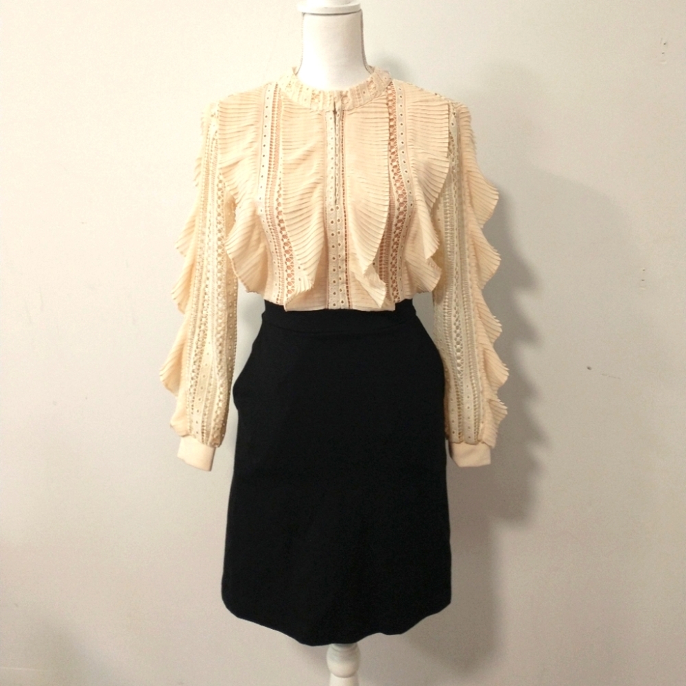 French connection ruffle cream black dress 0